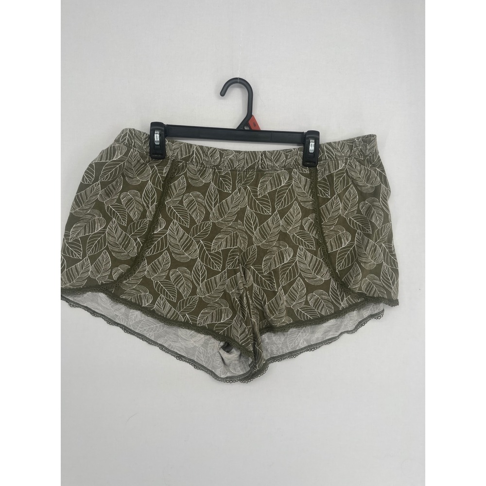 Cacique Sleep Shorts Womens 18/20 Olive Green Leaf Print Lace Trim Pajamas